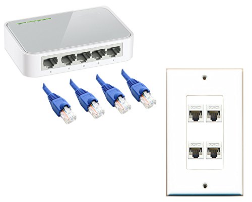 RiteAV 4 Ports Cat5e Ethernet Splitter Wall Plate + 4 pcs 100ft Cat5e Blue Cables