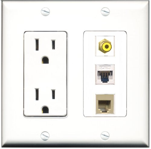 RiteAV - 15 Amp Power Outlet 1 Port RCA Yellow 1 Port Phone Beige 1 Port Cat5e Ethernet White Decorative Wall Plate
