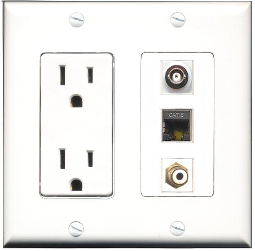 RiteAV - 15 Amp Power Outlet 1 Port RCA White 1 Port Shielded Cat6 Ethernet Ethernet 1 Port BNC Decorative Wall Plate