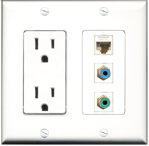 RiteAV - 15 Amp Power Outlet 1 Port RCA Green 1 Port RCA Blue 1 Port Cat6 Ethernet Ethernet White Decorative Wall Plate