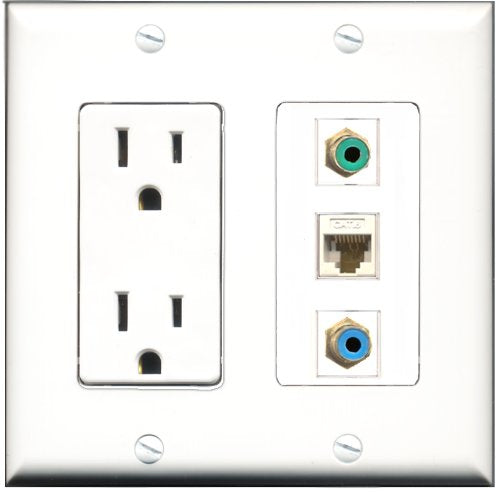 RiteAV - 15 Amp Power Outlet 1 Port RCA Green 1 Port RCA Blue 1 Port Cat6 Ethernet Ethernet White Decorative Wall Plate