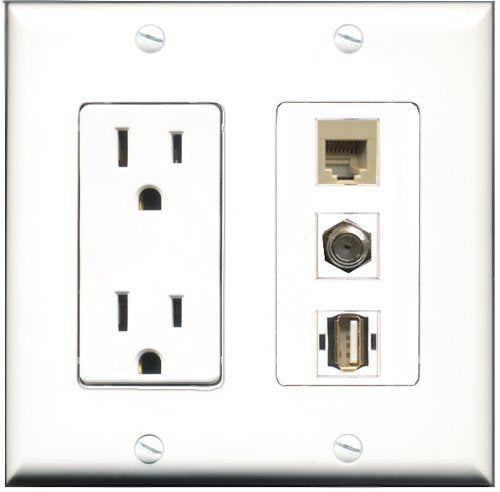 RiteAV - 15 Amp Power Outlet 1 Port Coax 1 Port USB A-A 1 Port Phone Beige Decorative Wall Plate