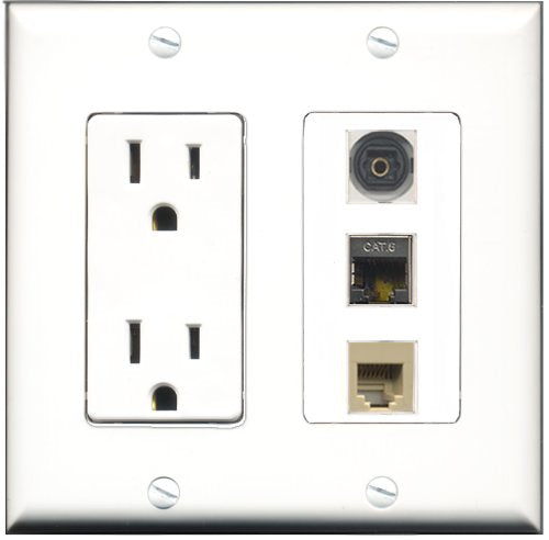 RiteAV - 15 Amp Power Outlet 1 Port Phone Beige 1 Port Shielded Cat6 Ethernet Ethernet 1 Port Toslink Decorative Wall Plate