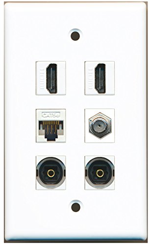 RiteAV - 2 HDMI 1 Port Coax Cable TV- F-Type 2 Port Toslink 1 Port Cat5e Ethernet White Wall Plate