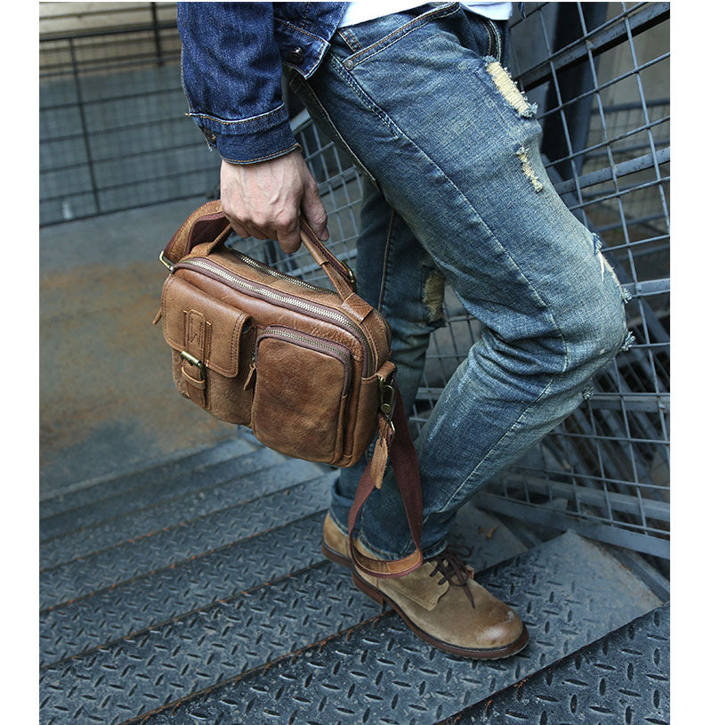 台灣李記皮具 頭層牛皮 方盒型斜挎包 頭層牛皮郵差包包 皮革 原創手工真皮 皮件