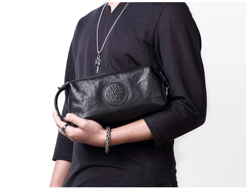 Taiwan Lee Kee Leather Goods Lee Kee Original Handmade Leather Wind Pattern Totem Handbag No. 8013 First Layer Cowhide Bag Leather Original Handmade Leather Leather Goods