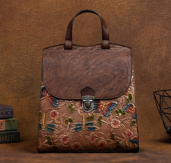 台灣李記皮具 李記 原創真皮手工 蜻蜓ボ蝴蝶浮花 頭層牛皮後背包 8C320號 頭層牛皮包包 皮革 原創手工真皮 皮件