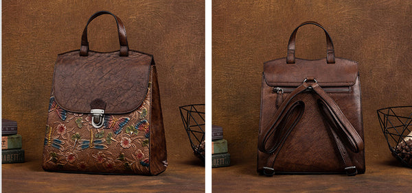 台灣李記皮具 李記 原創真皮手工 蜻蜓ボ蝴蝶浮花 頭層牛皮後背包 8C320號 頭層牛皮包包 皮革 原創手工真皮 皮件