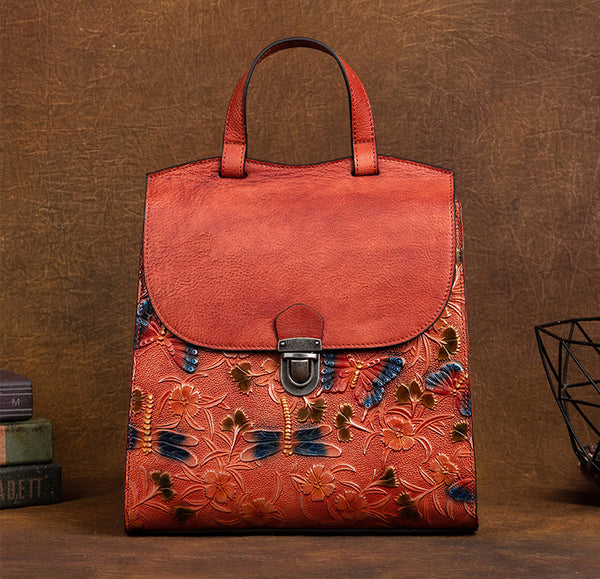 台灣李記皮具 李記 原創真皮手工 蜻蜓ボ蝴蝶浮花 頭層牛皮後背包 8C320號 頭層牛皮包包 皮革 原創手工真皮 皮件