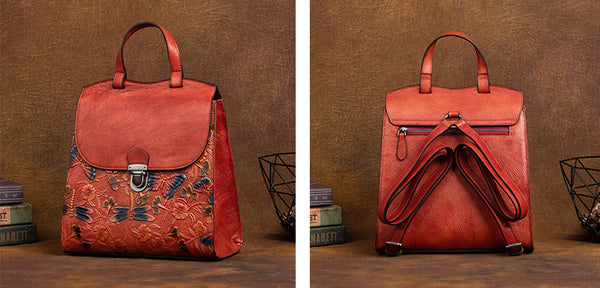 台灣李記皮具 李記 原創真皮手工 蜻蜓ボ蝴蝶浮花 頭層牛皮後背包 8C320號 頭層牛皮包包 皮革 原創手工真皮 皮件