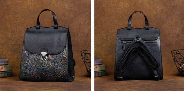 台灣李記皮具 李記 原創真皮手工 蜻蜓ボ蝴蝶浮花 頭層牛皮後背包 8C320號 頭層牛皮包包 皮革 原創手工真皮 皮件