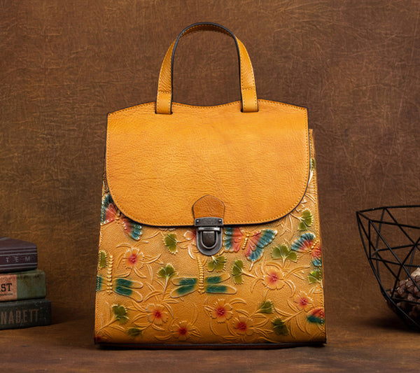 台灣李記皮具 李記 原創真皮手工 蜻蜓ボ蝴蝶浮花 頭層牛皮後背包 8C320號 頭層牛皮包包 皮革 原創手工真皮 皮件