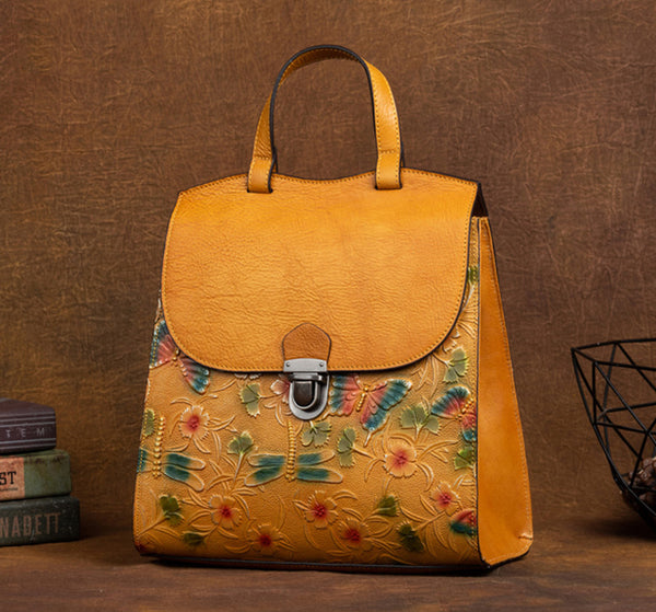 台灣李記皮具 李記 原創真皮手工 蜻蜓ボ蝴蝶浮花 頭層牛皮後背包 8C320號 頭層牛皮包包 皮革 原創手工真皮 皮件