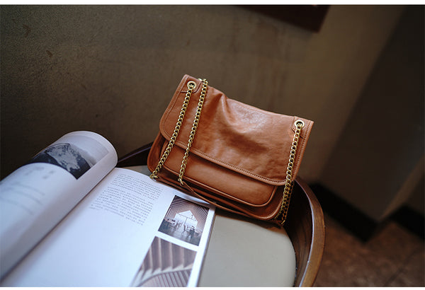 Taiwan Lee Kee Leather Goods Lee Kee original handmade leather tanned leather chain postman small square bag M6207 first layer cowhide bag leather original handmade leather leather goods