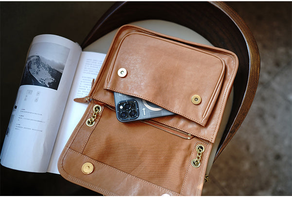 Taiwan Lee Kee Leather Goods Lee Kee original handmade leather tanned leather chain postman small square bag M6207 first layer cowhide bag leather original handmade leather leather goods