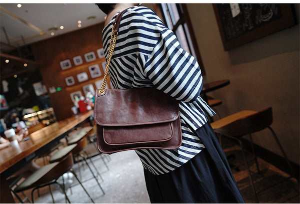 Taiwan Lee Kee Leather Goods Lee Kee Original Handmade Leather Tanned Leather Chain Postman Small Square Bag M6207 First Layer Cowhide Bag Leather Original Handmade Leather Leather Goods