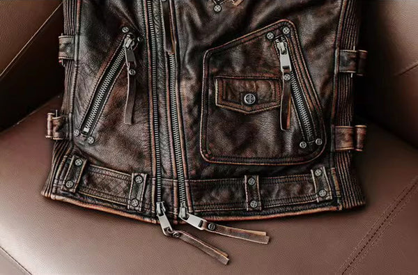 台灣李記皮具 李記 原創真皮手工 哈雷機車を備え多細節重工馬甲 1938號 頭層牛皮包包 皮革 原創手工真皮 皮件