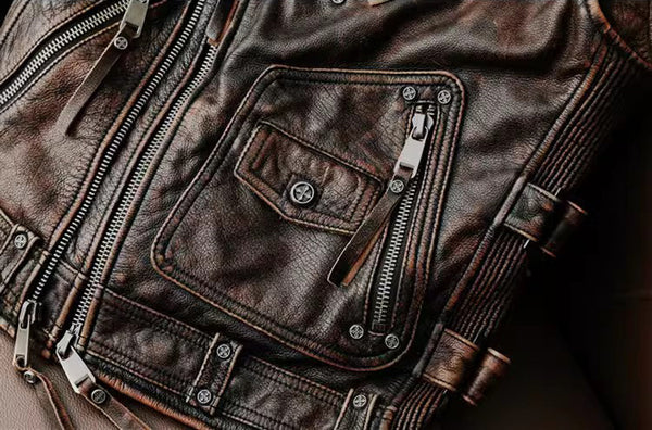 台灣李記皮具 李記 原創真皮手工 哈雷機車を備え多細節重工馬甲 1938號 頭層牛皮包包 皮革 原創手工真皮 皮件