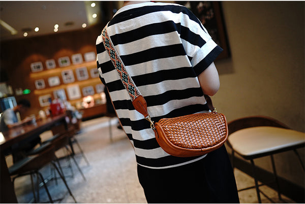 Taiwan Lee Kee Leather Goods Lee Kee original genuine leather handmade ethnic style retro adjustable and removable colorful knitted bag wide shoulder strap No. M7012 first layer cowhide leather bag leather original handmade genuine leather leather goods