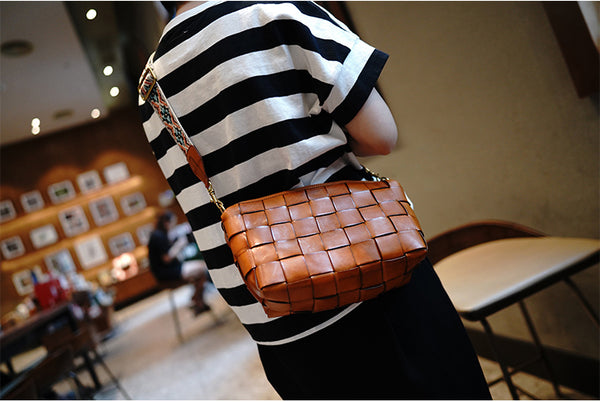 Taiwan Lee Kee Leather Goods Lee Kee original handmade leather ethnic style retro adjustable and removable colorful knitted bag wide shoulder strap No. M7012 first layer cowhide leather bag leather original handmade leather leather goods