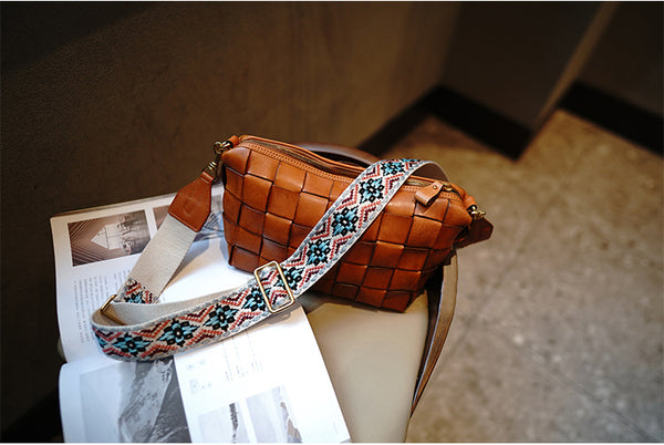 Taiwan Lee Kee Leather Goods Lee Kee original genuine leather handmade ethnic style retro adjustable and removable colorful knitted bag wide shoulder strap No. M7012 first layer cowhide leather bag leather original handmade genuine leather leather goods