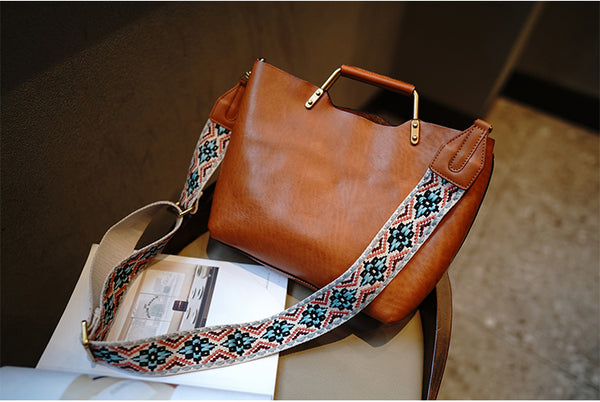 Taiwan Lee Kee Leather Goods Lee Kee original handmade leather ethnic style retro adjustable and removable colorful knitted bag wide shoulder strap No. M7012 first layer cowhide bag leather original handmade leather leather goods