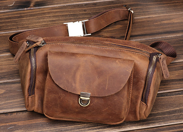 Taiwan Lee Kee Leather Goods Lee Kee original handmade leather European and American retro multi-compartment outdoor casual chest bag No. 0016 original handmade leather leather goods