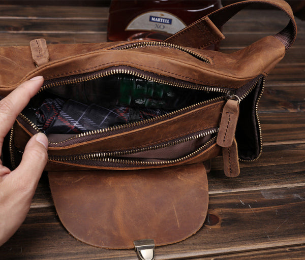 Taiwan Lee Kee Leather Goods Lee Kee original handmade leather European and American retro multi-compartment outdoor casual chest bag No. 0016 original handmade leather leather goods