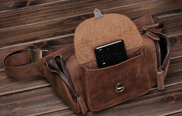 Taiwan Lee Kee Leather Goods Lee Kee original handmade leather European and American retro multi-compartment outdoor casual chest bag No. 0016 original handmade leather leather goods