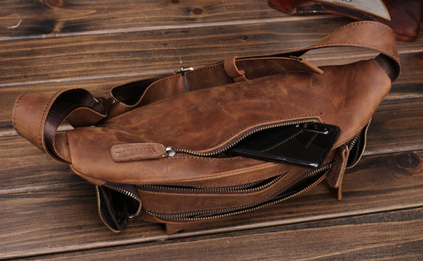 Taiwan Lee Kee Leather Goods Lee Kee original handmade leather European and American retro multi-compartment outdoor casual chest bag No. 0016 original handmade leather leather goods