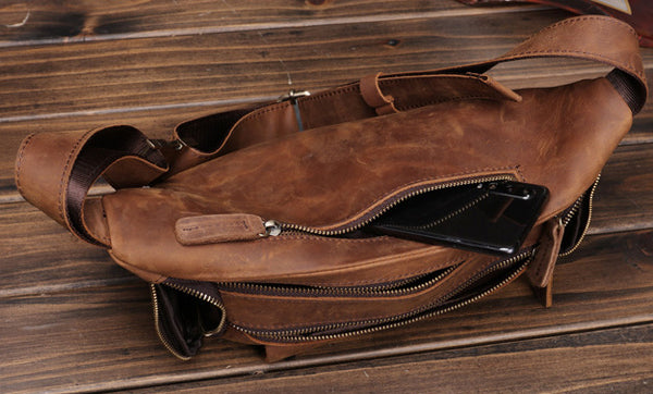 Taiwan Lee Kee Leather Goods Lee Kee original handmade leather European and American retro multi-compartment outdoor casual chest bag No. 0016 original handmade leather leather goods