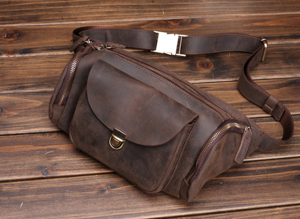 Taiwan Lee Kee Leather Goods Lee Kee original handmade leather European and American retro multi-compartment outdoor casual chest bag No. 0016 original handmade leather leather goods