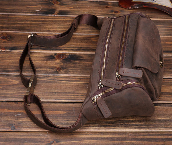 Taiwan Lee Kee Leather Goods Lee Kee original handmade leather European and American retro multi-compartment outdoor casual chest bag No. 0016 original handmade leather leather goods