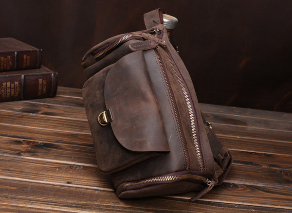 Taiwan Lee Kee Leather Goods Lee Kee original handmade leather European and American retro multi-compartment outdoor casual chest bag No. 0016 original handmade leather leather goods