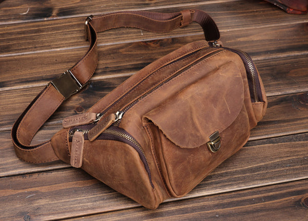 Taiwan Lee Kee Leather Goods Lee Kee original handmade leather European and American retro multi-compartment outdoor casual chest bag No. 0016 original handmade leather leather goods