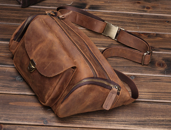 Taiwan Lee Kee Leather Goods Lee Kee original handmade leather European and American retro multi-compartment outdoor casual chest bag No. 0016 original handmade leather leather goods