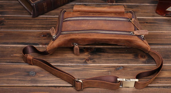 Taiwan Lee Kee Leather Goods Lee Kee original handmade leather European and American retro multi-compartment outdoor casual chest bag No. 0016 original handmade leather leather goods