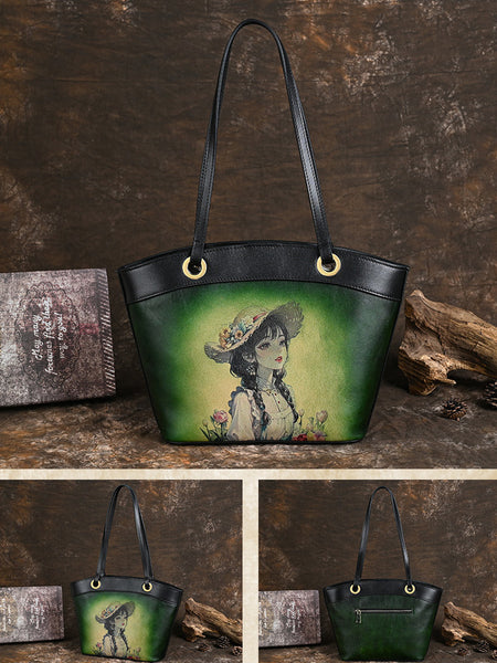 台灣李記皮具 李記 原創真皮手工 少女の手描き頭層皮手提包1031號原創手工真皮 皮件