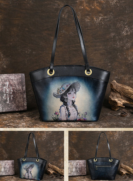 台灣李記皮具 李記 原創真皮手工 少女の手描き頭層皮手提包1031號原創手工真皮 皮件