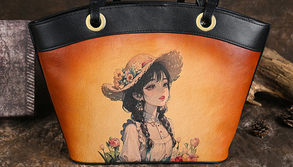 台灣李記皮具 李記 原創真皮手工 少女の手描き頭層皮手提包1031號原創手工真皮 皮件