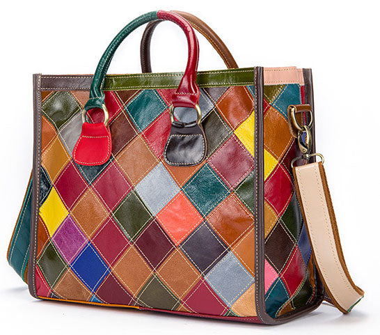 Taiwan Lee Kee Leather Goods Lee Kee Original Handmade Leather European and American Ethnic Style Large Capacity Spliced Handbag No. 10661 Original Handmade Leather Leather Goods