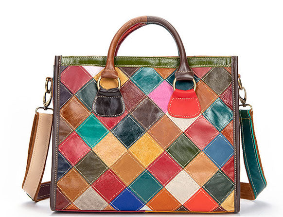 Taiwan Lee Kee Leather Goods Lee Kee Original Handmade Leather European and American Ethnic Style Large Capacity Spliced Handbag No. 10661 Original Handmade Leather Leather Goods