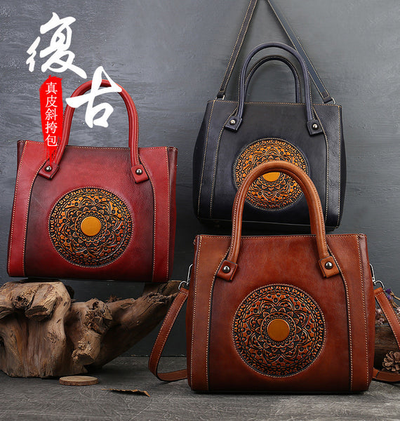 Taiwan Lee Kee Leather Goods Lee Kee Original Handmade Leather Retro Totem Multi-compartment Tote Bag No. 3299 Original Handmade Leather Leather Goods