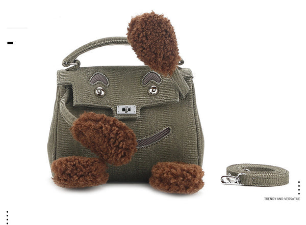 Taiwan Lee Kee Leather Goods Lee Kee original handmade leather, cute ~ little monster plush denim smiley Kelly bag SM1195 original handmade leather goods