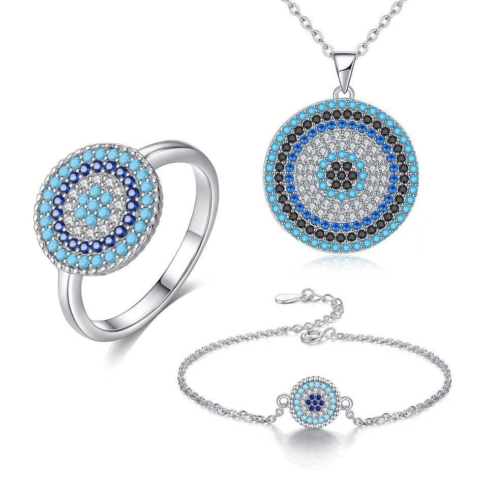 Evil Eye Blue Cubic Zirconia 925 Sterling Silver Necklace, Tennis Bracelet, and Ring Jewelry Set