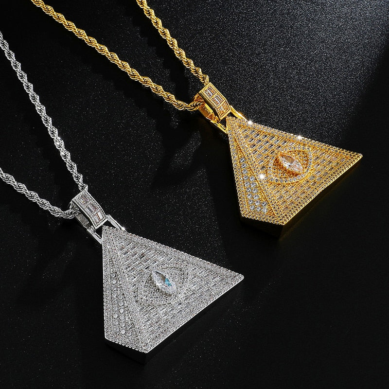 Cubic-Zirconia-Studded Pyramid Eye Bling Hip-hop Pendant Necklace