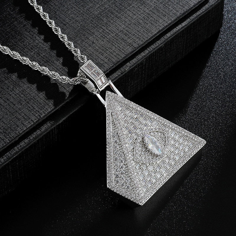 Cubic-Zirconia-Studded Pyramid Eye Bling Hip-hop Pendant Necklace