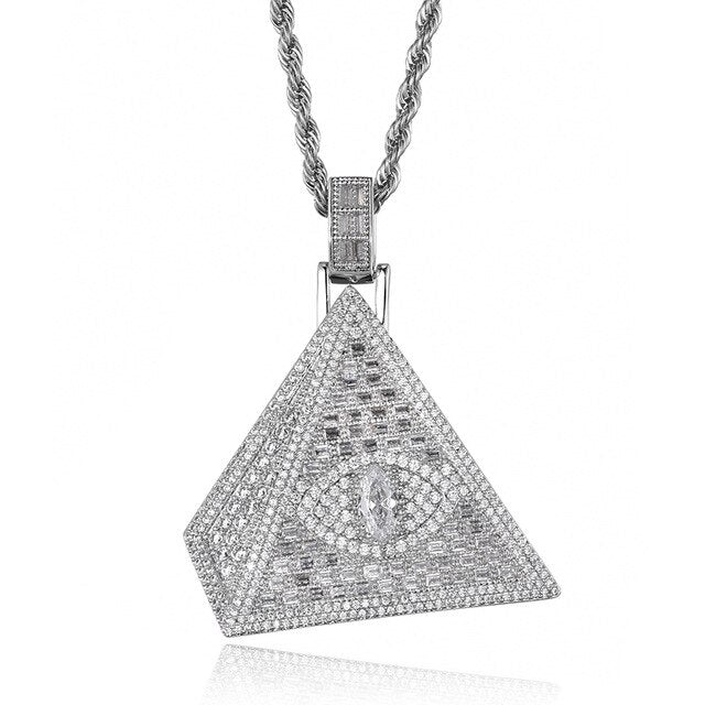 Cubic-Zirconia-Studded Pyramid Eye Bling Hip-hop Pendant Necklace