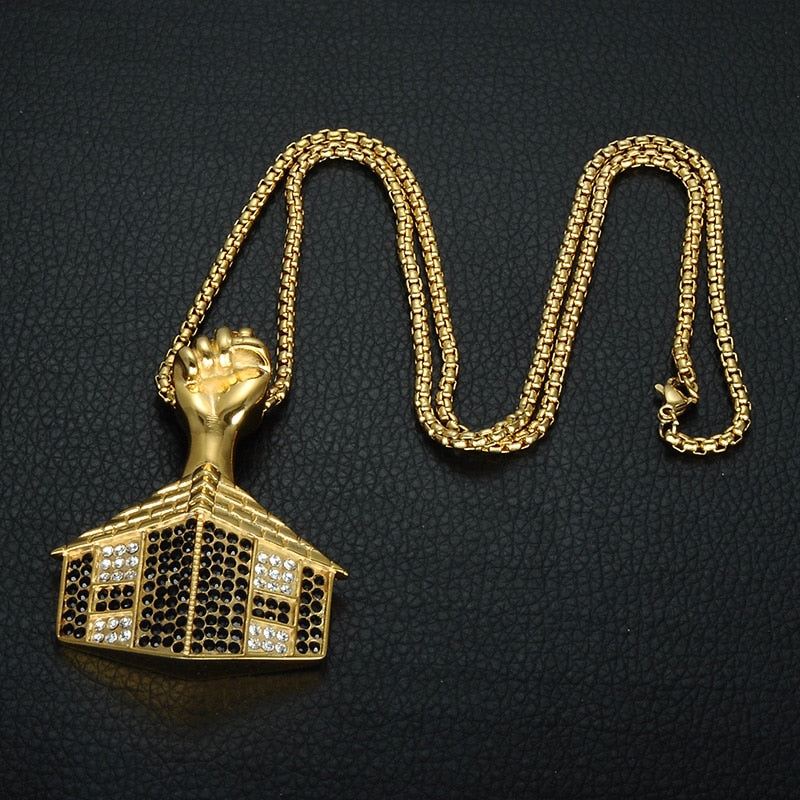 Rhinestone-Studded Gold-Plated House Bling Stainless Steel Hip-hop Pendant Necklace