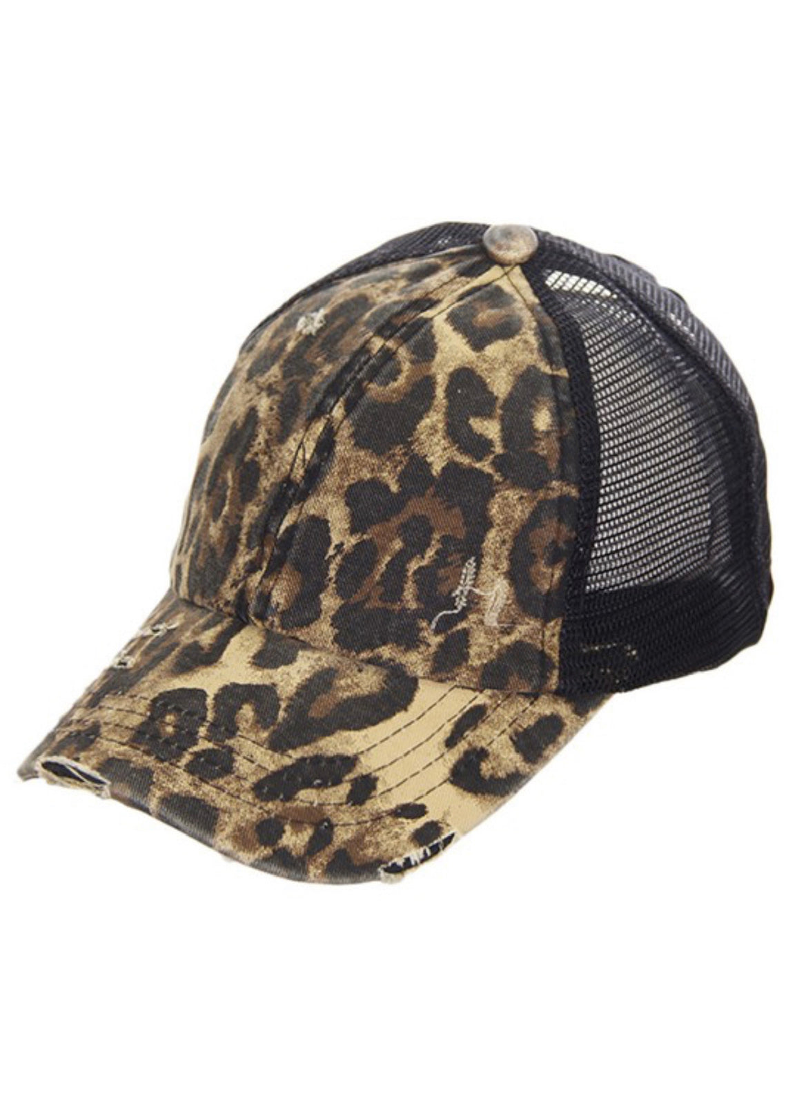 Leopard Ponytail hat with Distressing